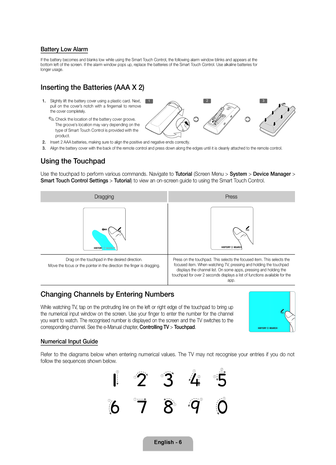 Samsung UE46F8500ATXRU manual Inserting the Batteries AAA X, Using the Touchpad, Changing Channels by Entering Numbers 