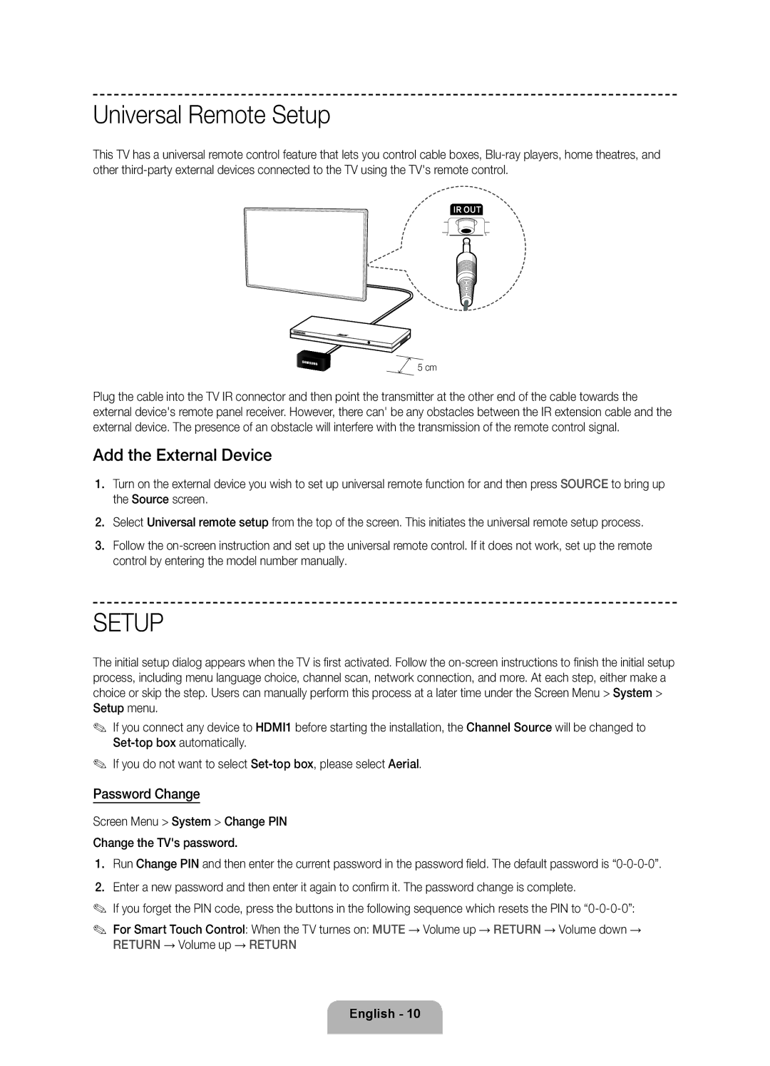 Samsung UE46F8500ATXRU, UE55F8500ATXRU manual Universal Remote Setup, Add the External Device, Password Change 