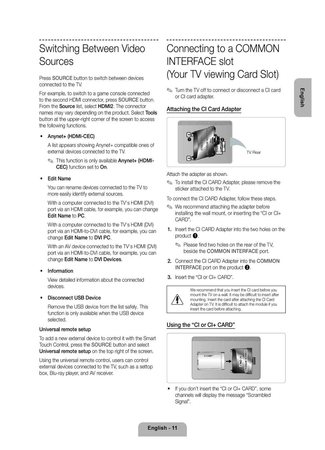 Samsung UE55F8500ATXRU manual Switching Between Video Sources, Your TV viewing Card Slot, Attaching the CI Card Adapter 