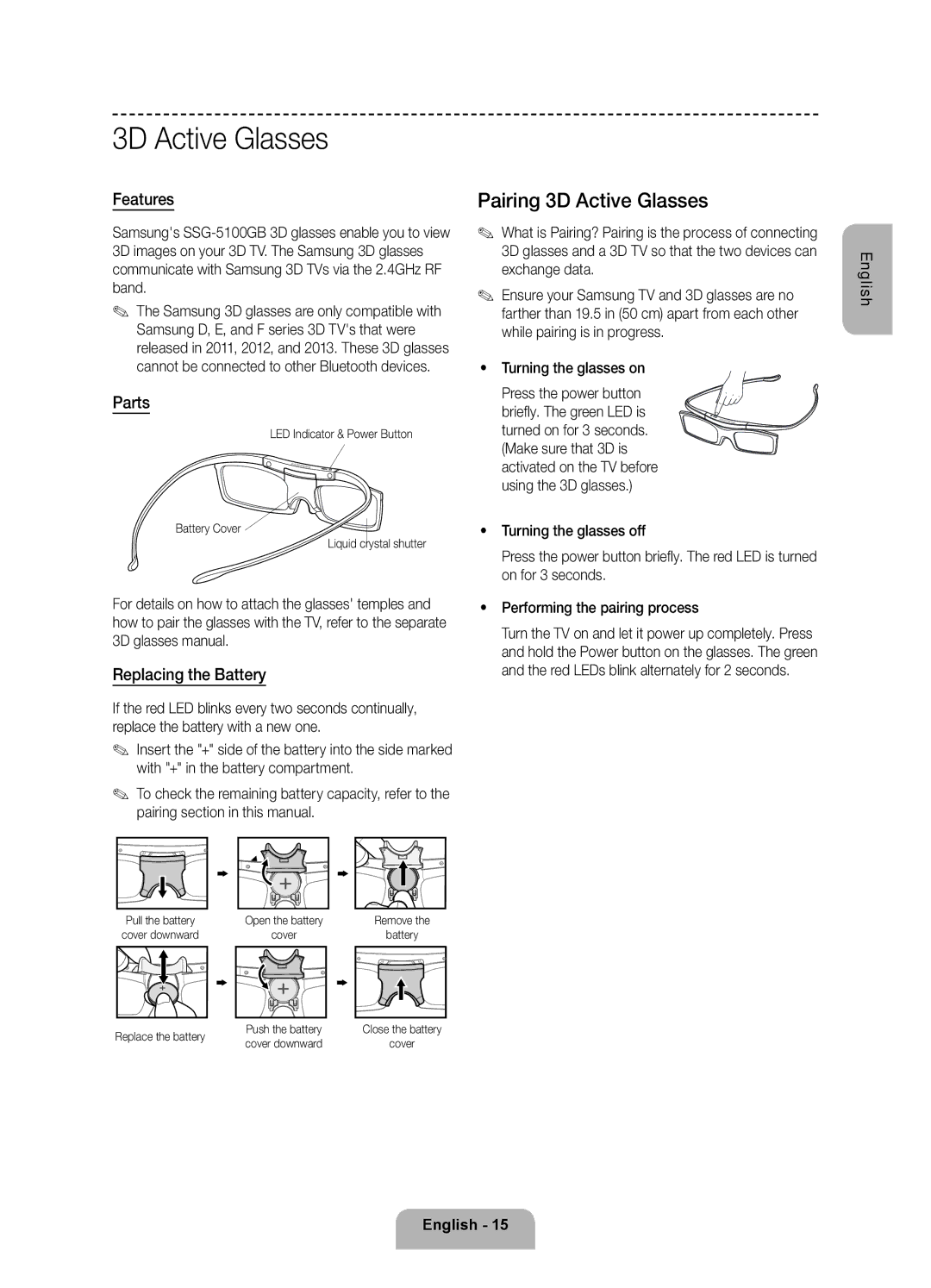 Samsung UE55F8500ATXRU, UE46F8500ATXRU manual Pairing 3D Active Glasses, Features, Parts, Replacing the Battery 