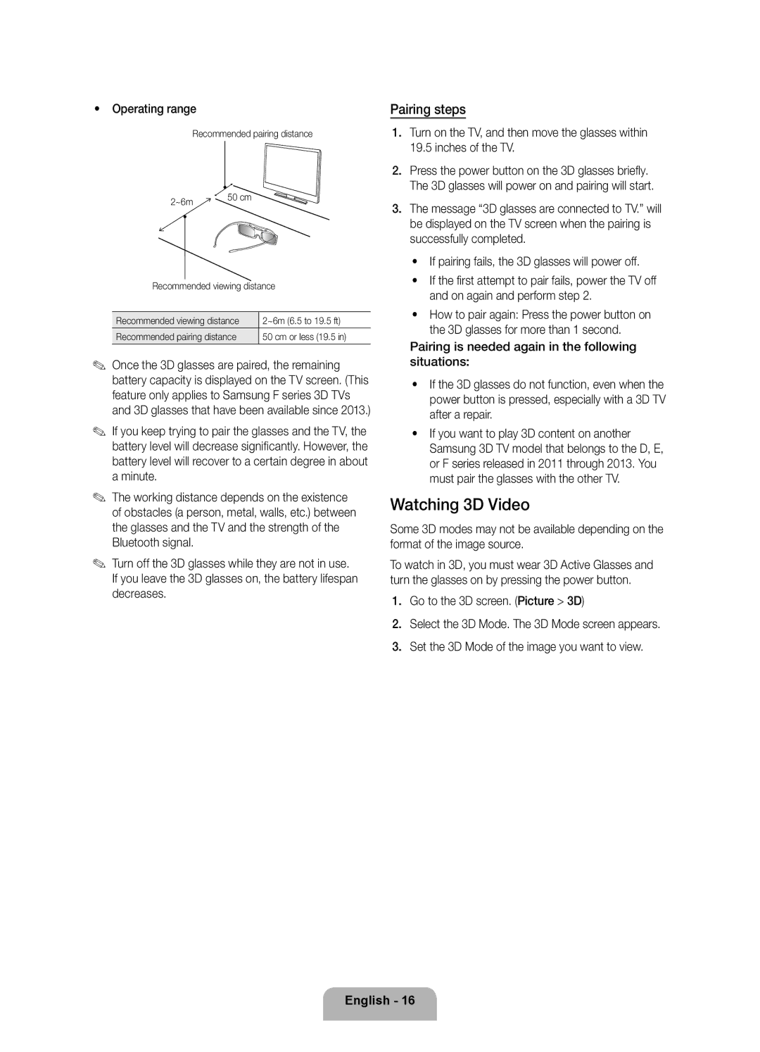 Samsung UE46F8500ATXRU, UE55F8500ATXRU Watching 3D Video, Pairing steps, Operating range, Recommended pairing distance ~6m 