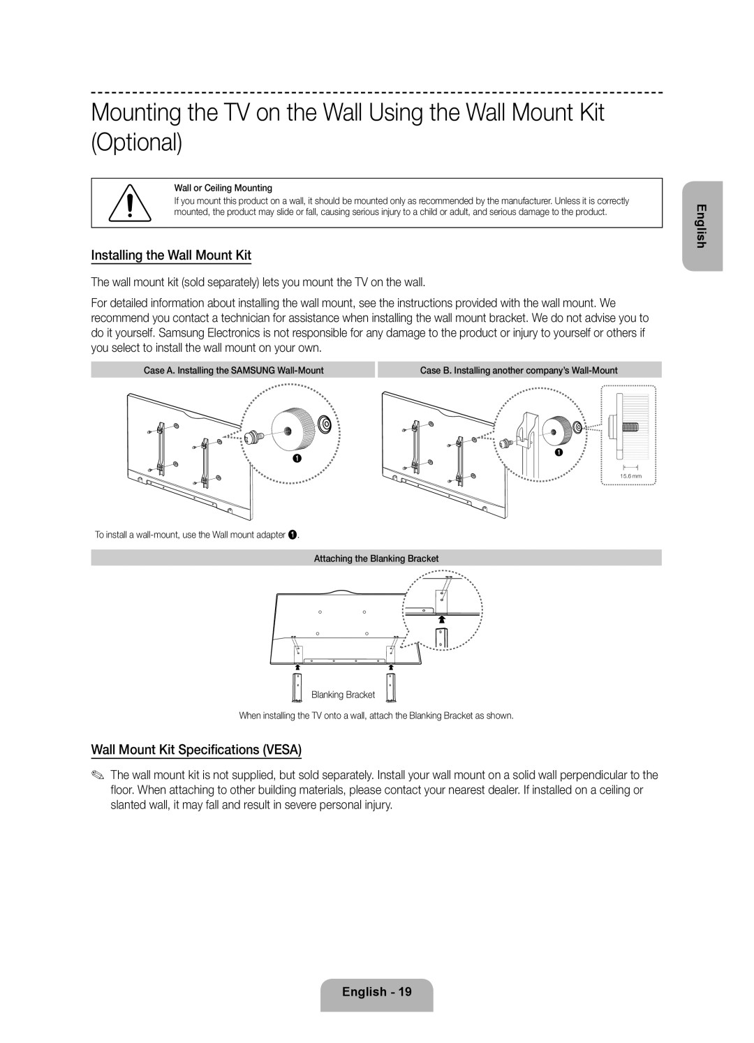 Samsung UE55F8500ATXRU manual Installing the Wall Mount Kit, Wall Mount Kit Specifications Vesa, Wall or Ceiling Mounting 