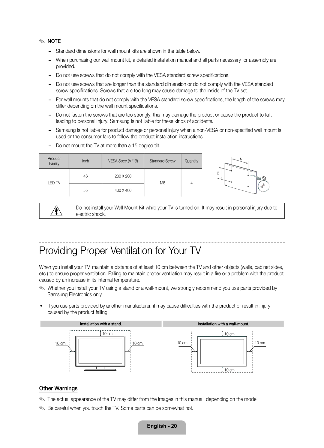 Samsung UE46F8500ATXRU, UE55F8500ATXRU manual Providing Proper Ventilation for Your TV, Other Warnings 