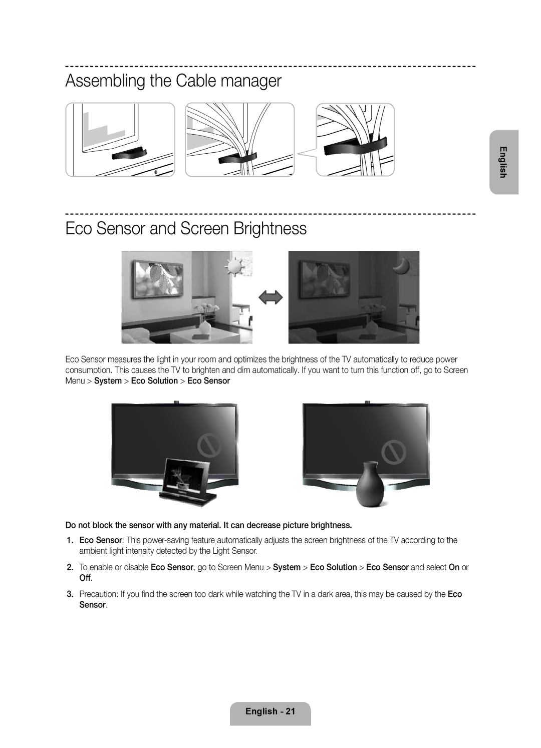 Samsung UE55F8500ATXRU, UE46F8500ATXRU manual Assembling the Cable manager, Eco Sensor and Screen Brightness 