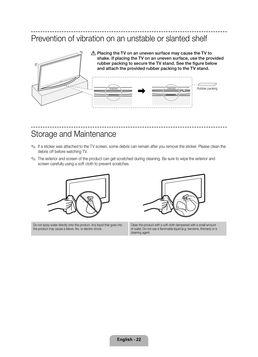 Samsung UE46F8500ATXRU, UE55F8500ATXRU Prevention of vibration on an unstable or slanted shelf, Storage and Maintenance 