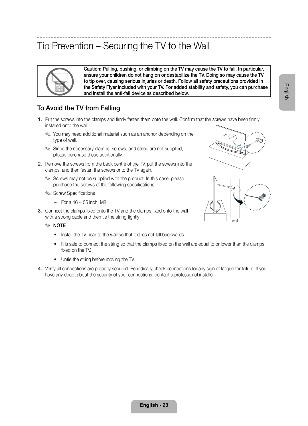 Samsung UE55F8500ATXRU, UE46F8500ATXRU manual Tip Prevention Securing the TV to the Wall, To Avoid the TV from Falling 