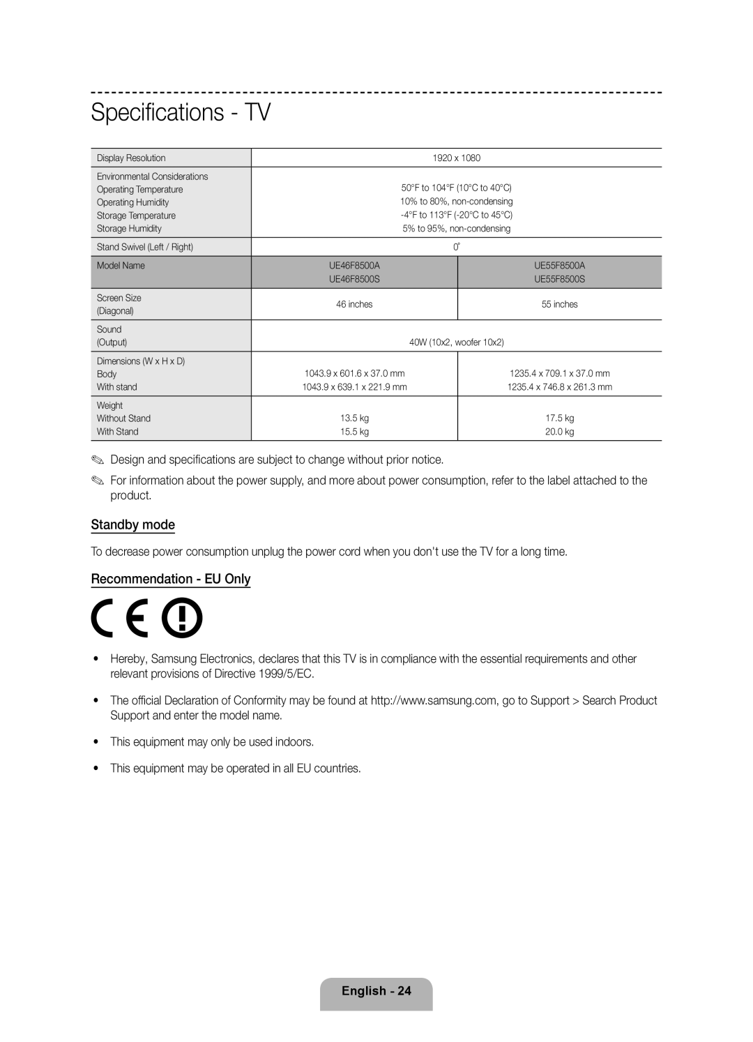 Samsung UE46F8500ATXRU, UE55F8500ATXRU manual Standby mode 