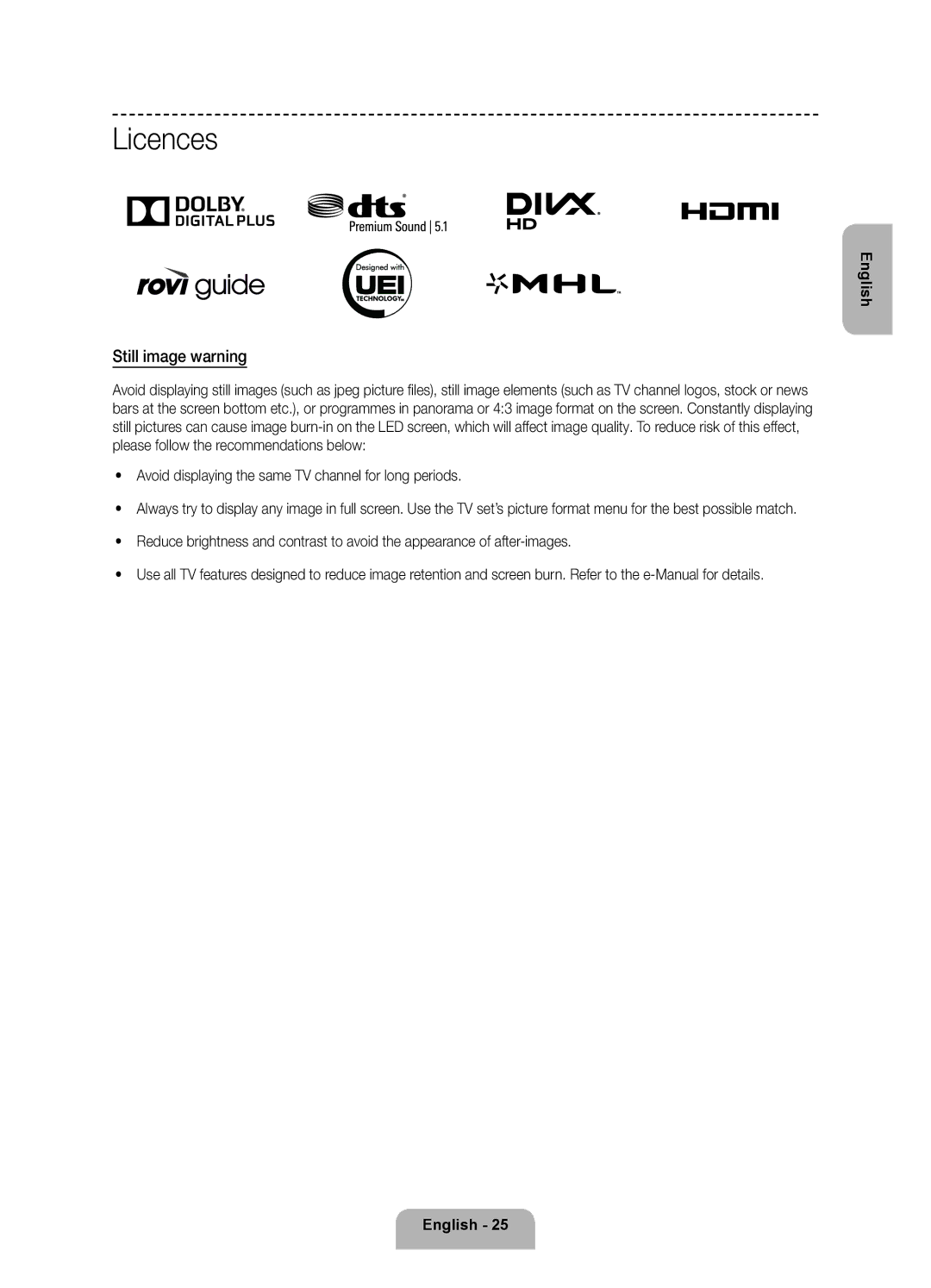 Samsung UE55F8500ATXRU manual Licences, Still image warning, Avoid displaying the same TV channel for long periods 