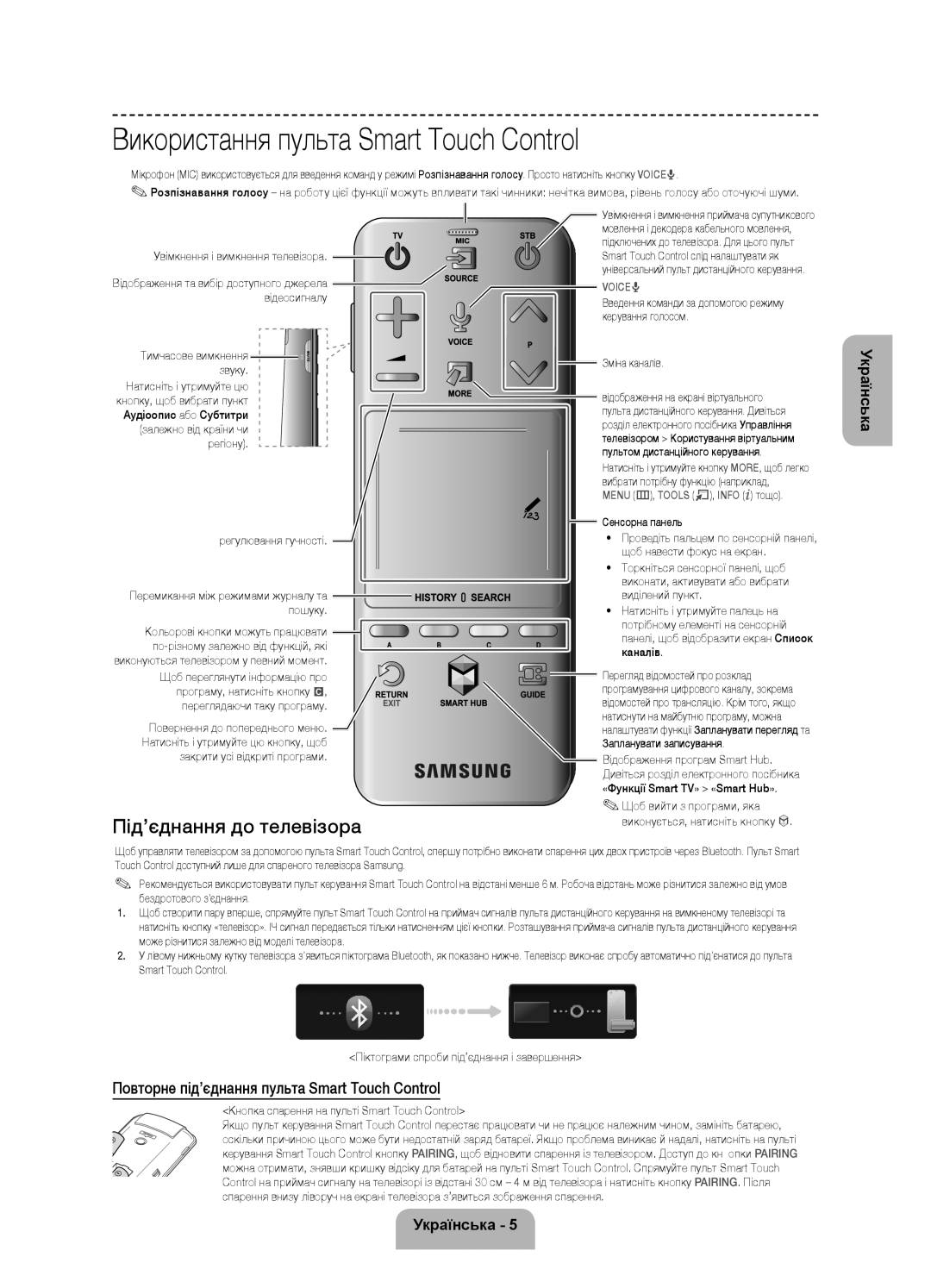 Samsung UE55F8500ATXRU, UE46F8500ATXRU manual Використання пульта Smart Touch Control, Під’єднання до телевізора 