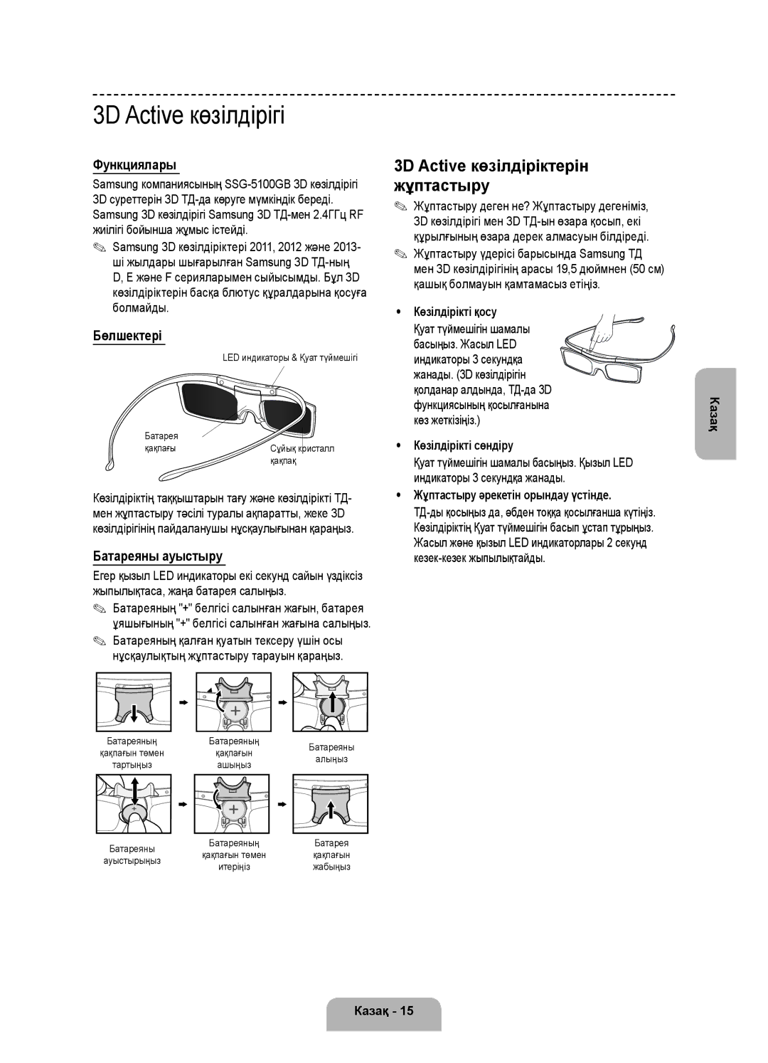 Samsung UE55F8500ATXRU, UE46F8500ATXRU manual 3D Active көзілдірігі, Функциялары, Бөлшектері, Батареяны ауыстыру 