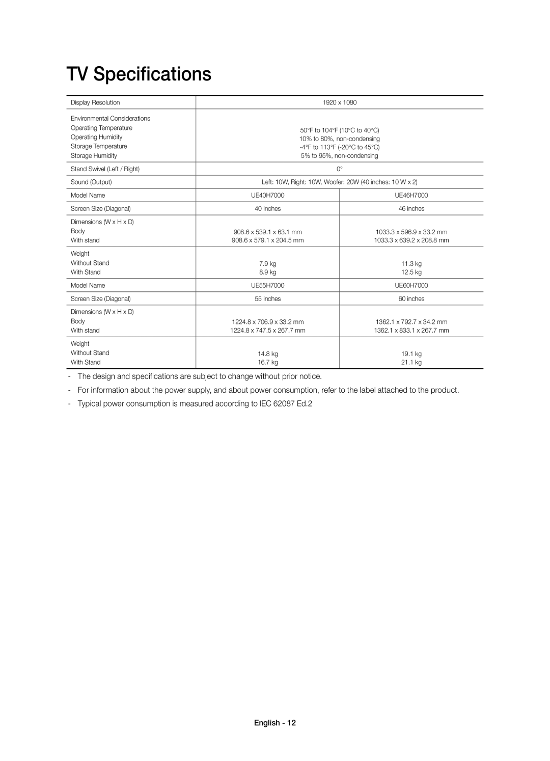 Samsung UE46H7000SLXXC, UE40H7000SLXXC, UE55H7000SLXXC, UE60H7000SLXXC manual TV Specifications 