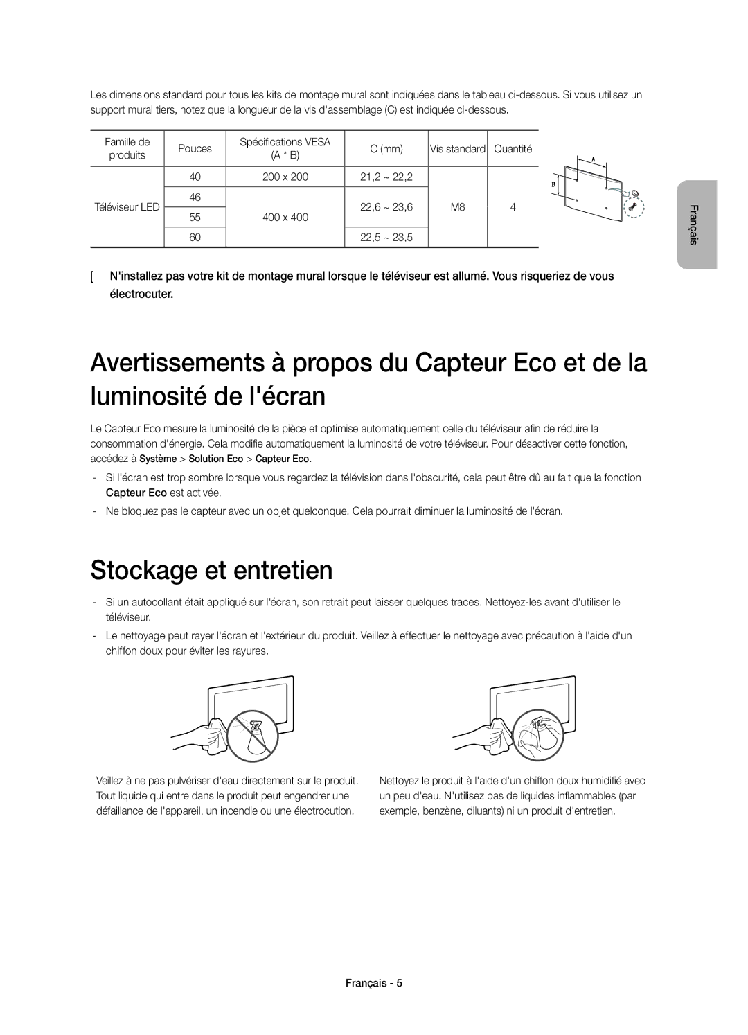 Samsung UE40H7000SLXXC, UE46H7000SLXXC, UE55H7000SLXXC, UE60H7000SLXXC manual Stockage et entretien 