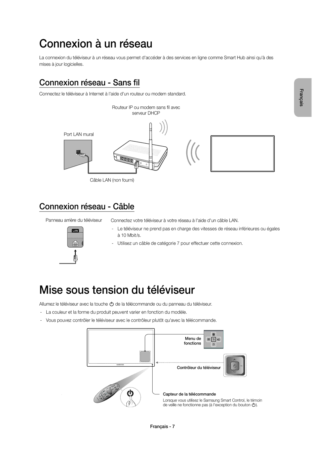 Samsung UE60H7000SLXXC manual Connexion à un réseau, Mise sous tension du téléviseur, Connexion réseau Sans fil, Mbit/s 