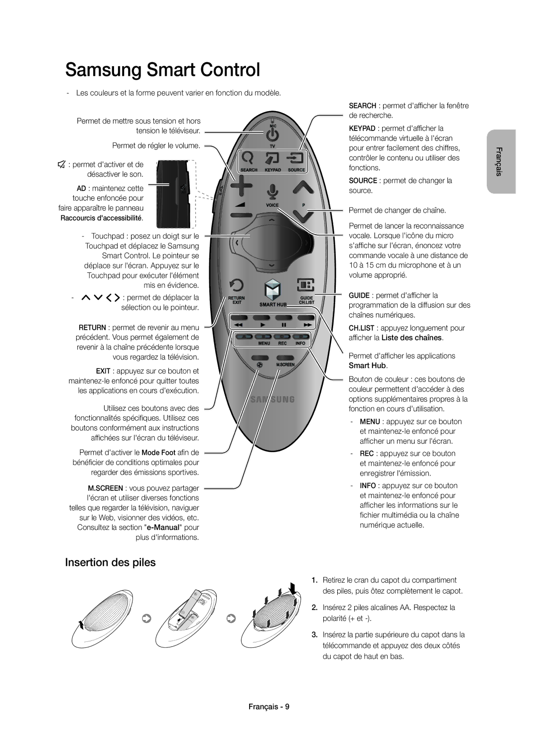 Samsung UE40H7000SLXXC, UE46H7000SLXXC, UE55H7000SLXXC Insertion des piles, Permet dafficher les applications Smart Hub 