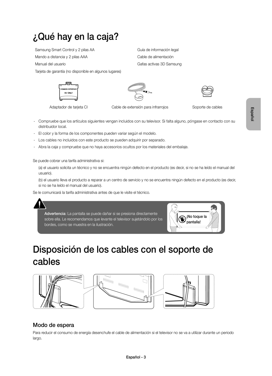 Samsung UE60H7000SLXXC manual ¿Qué hay en la caja?, Disposición de los cables con el soporte de cables, Modo de espera 