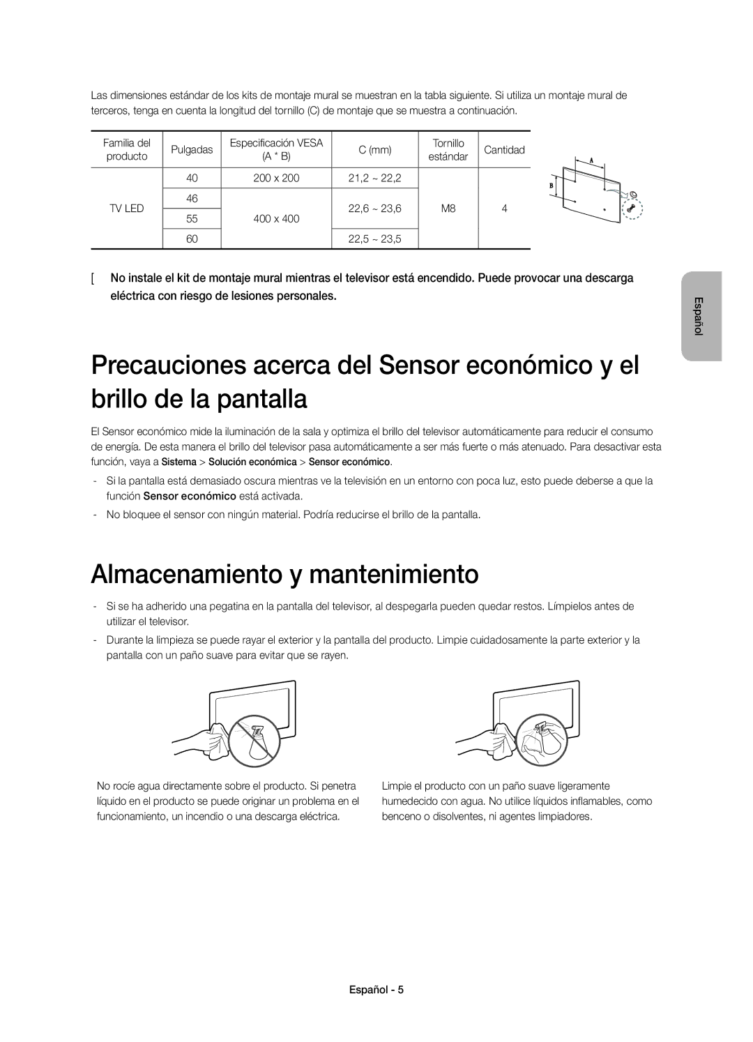 Samsung UE40H7000SLXXC, UE46H7000SLXXC, UE55H7000SLXXC, UE60H7000SLXXC Almacenamiento y mantenimiento, Tornillo Cantidad 