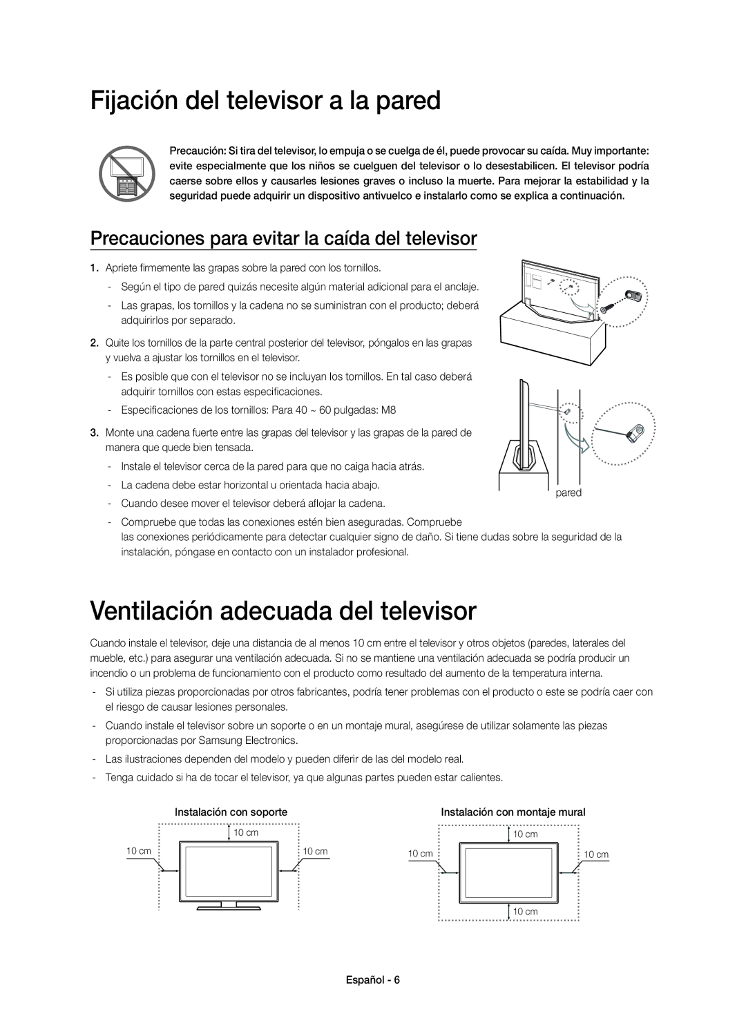 Samsung UE55H7000SLXXC, UE46H7000SLXXC manual Fijación del televisor a la pared, Ventilación adecuada del televisor 