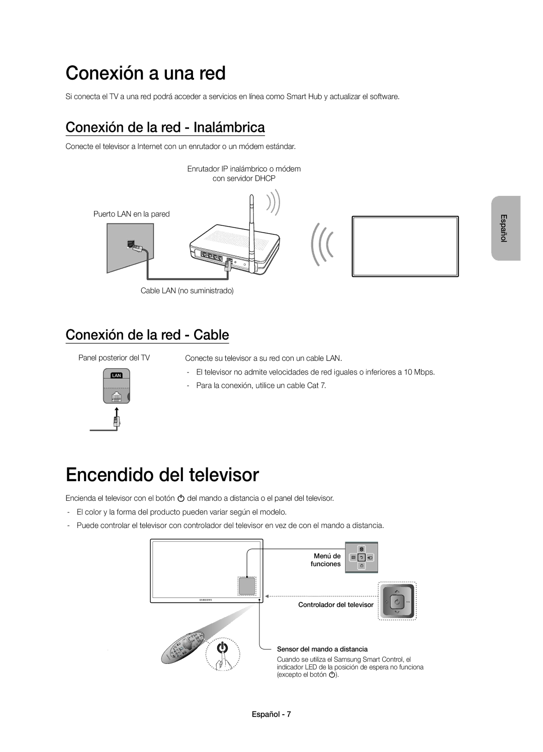 Samsung UE60H7000SLXXC, UE46H7000SLXXC manual Conexión a una red, Encendido del televisor, Conexión de la red Inalámbrica 