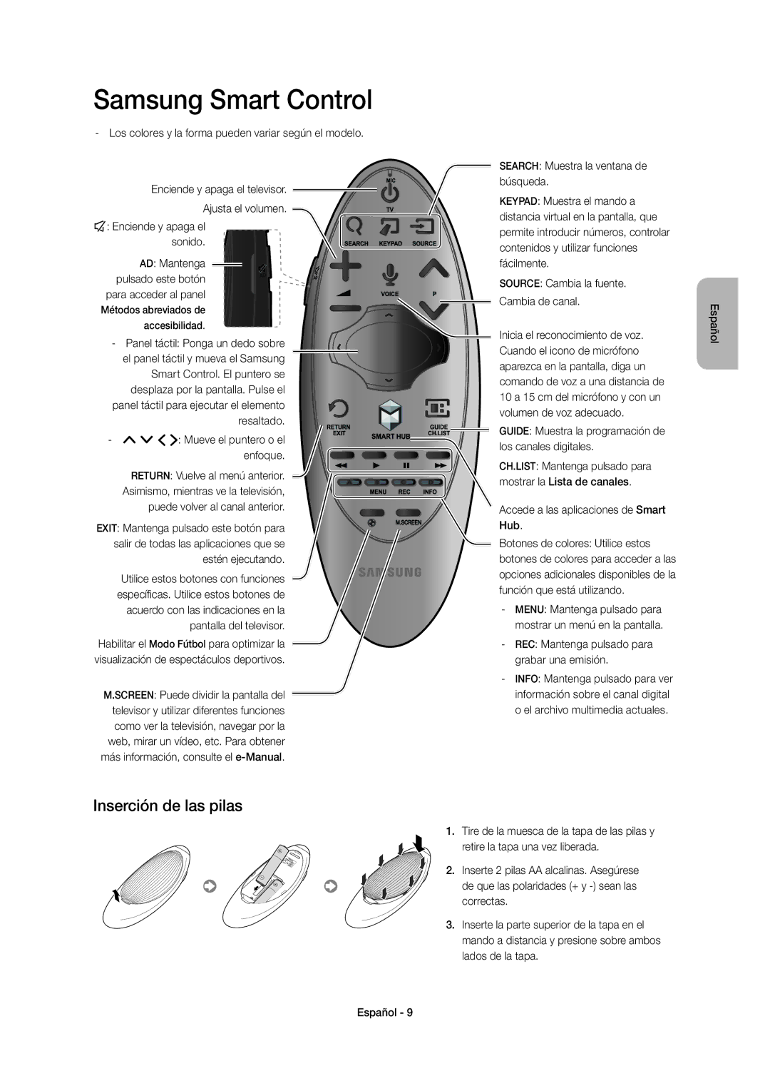 Samsung UE40H7000SLXXC, UE46H7000SLXXC, UE55H7000SLXXC, UE60H7000SLXXC manual Inserción de las pilas 