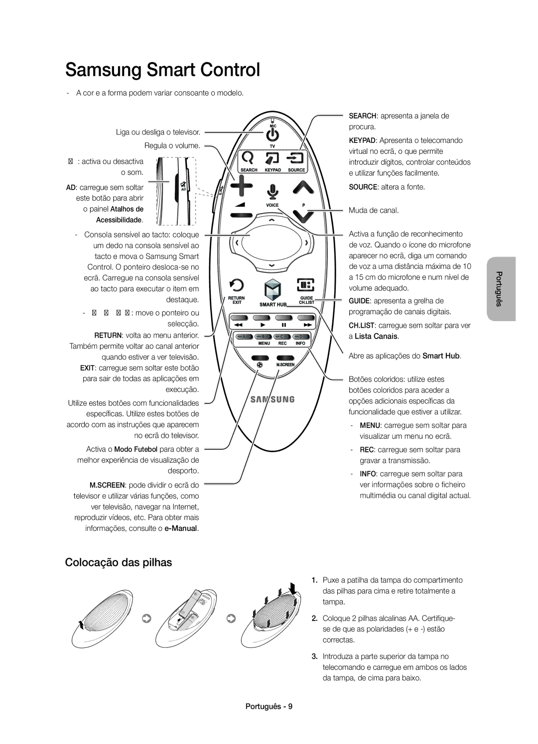 Samsung UE40H7000SLXXC, UE46H7000SLXXC, UE55H7000SLXXC, UE60H7000SLXXC manual Colocação das pilhas 