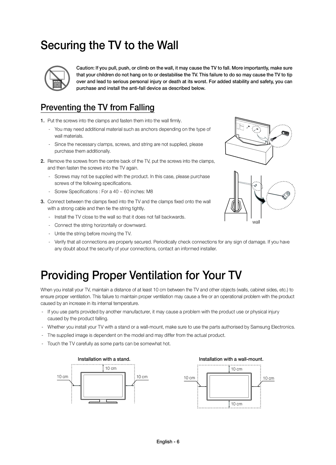 Samsung UE55H7000SLXXC, UE46H7000SLXXC manual Securing the TV to the Wall, Providing Proper Ventilation for Your TV 