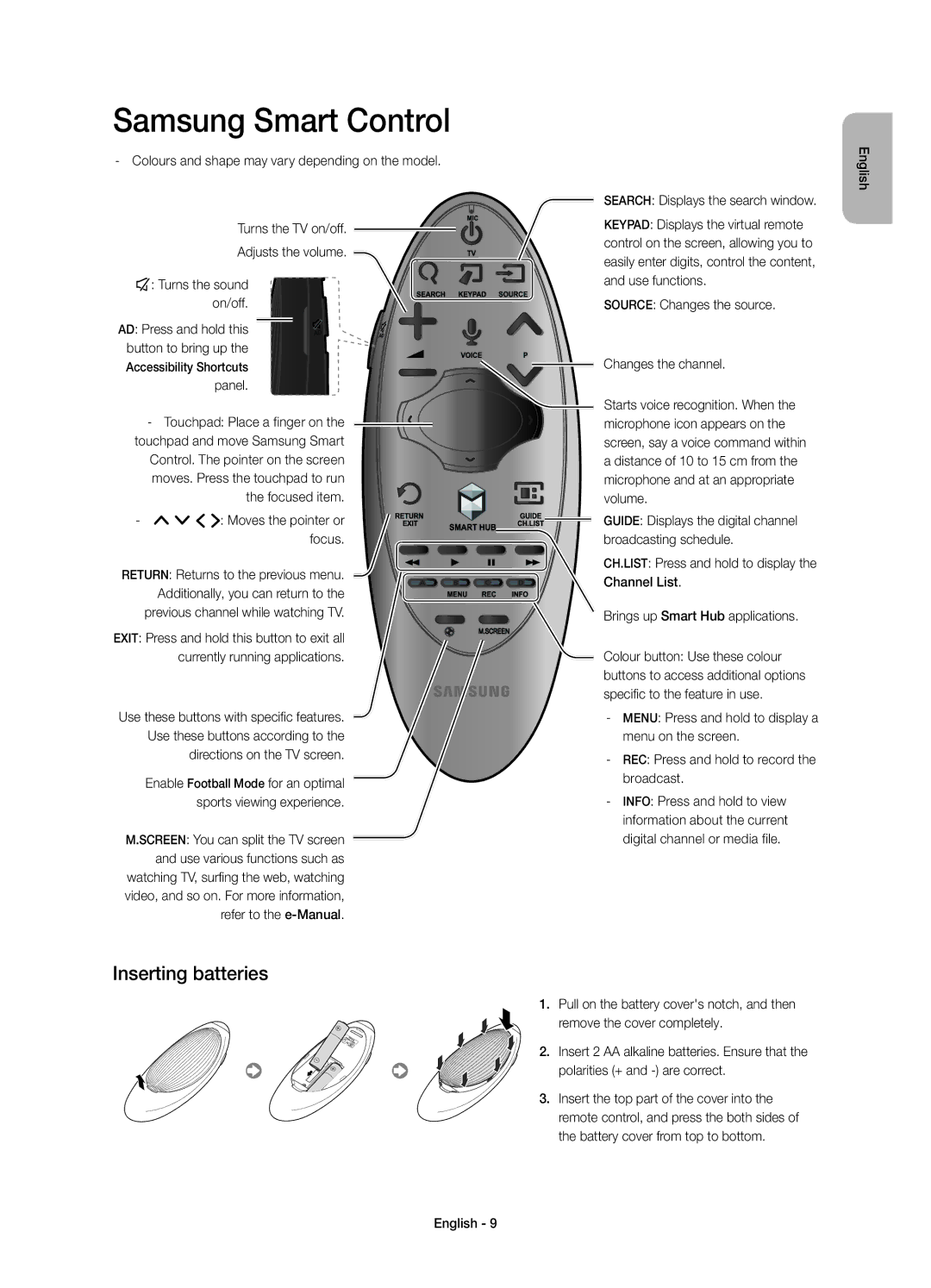 Samsung UE40H7000SLXXC, UE46H7000SLXXC manual Samsung Smart Control, Inserting batteries, Search Displays the search window 