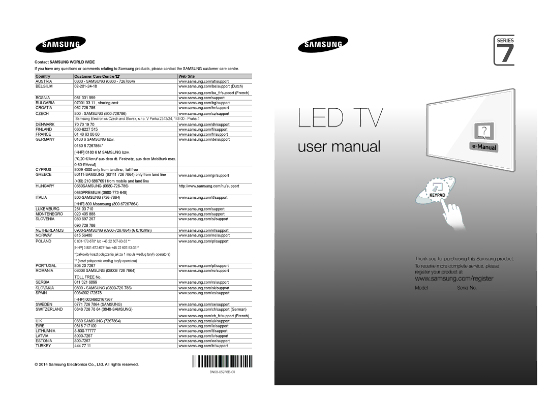 Samsung UE40H7000SLXZF, UE46H7000SLXZF, UE60H7000SLXZF, UE55H7000SLXZF manual Led Tv 