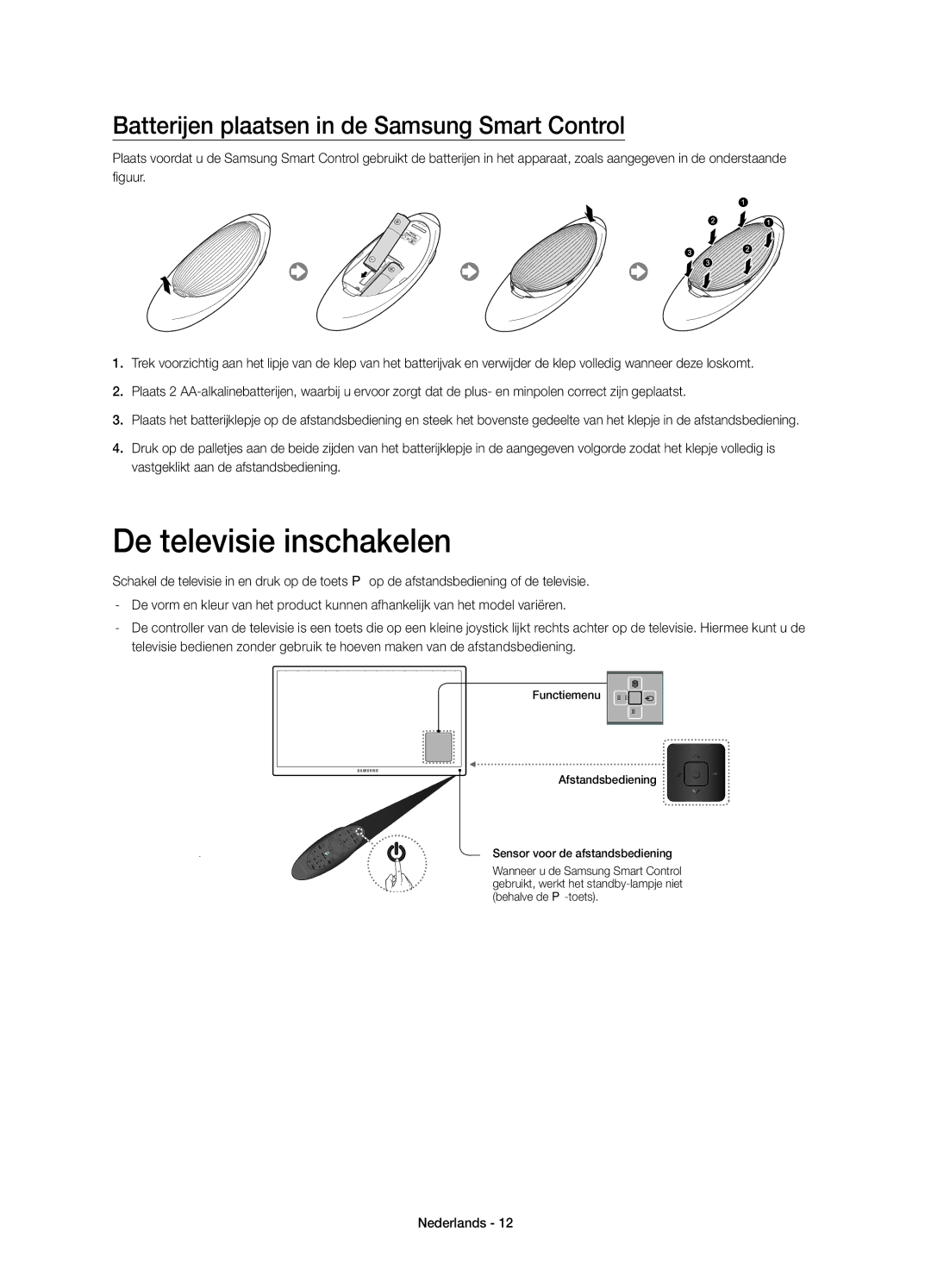 Samsung UE60H7000SLXZF, UE46H7000SLXZF manual De televisie inschakelen, Batterijen plaatsen in de Samsung Smart Control 