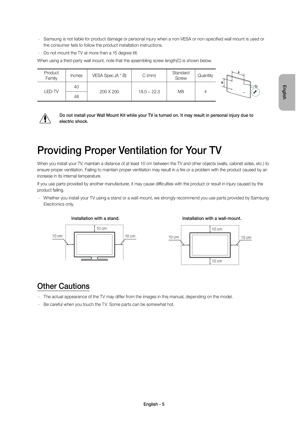 Samsung UE40H4203AKXUZ, UE48H4203AKXUZ, UE40H4203AKXRU Providing Proper Ventilation for Your TV, Other Cautions, 18.0 ~ 