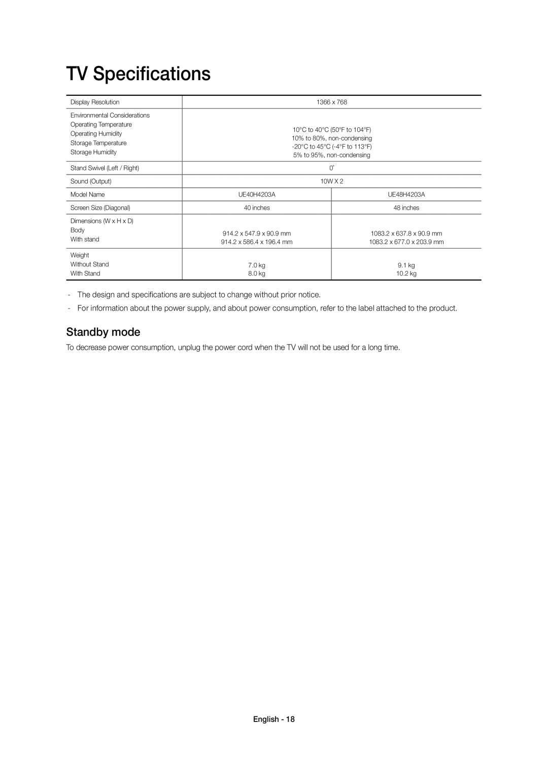 Samsung UE48H4203AKXMS, UE48H4203AKXUZ, UE40H4203AKXRU, UE40H4203AKXUZ, UE48H4203AKXRU manual TV Specifications, Standby mode 