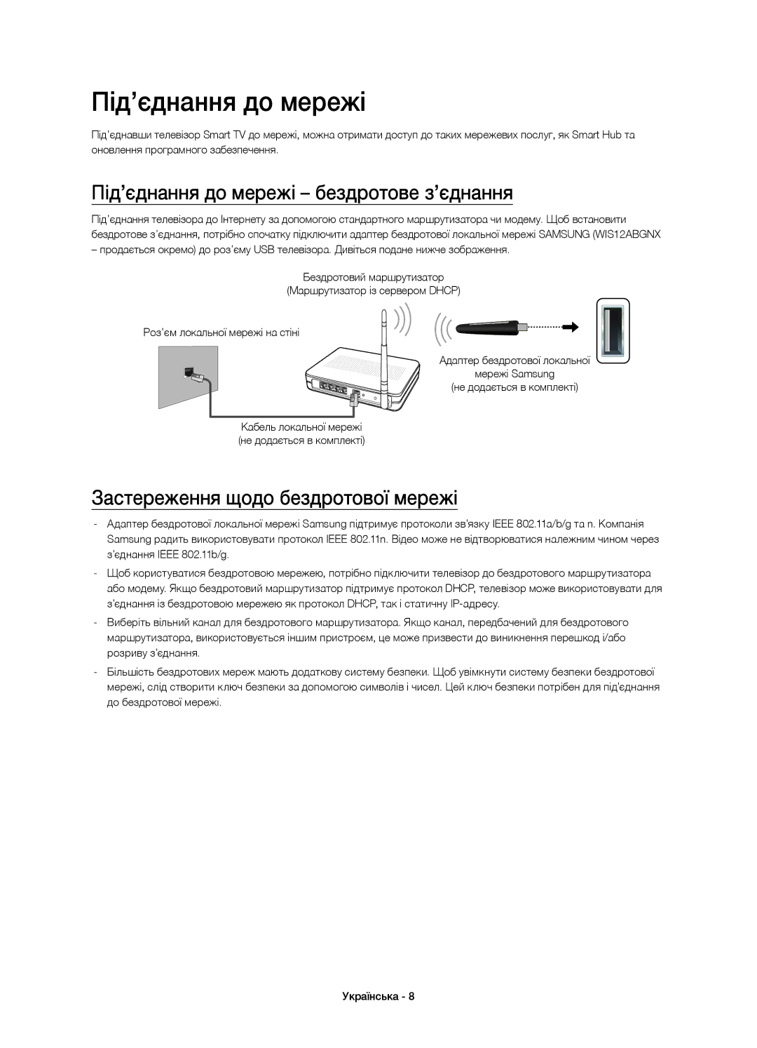 Samsung UE48H4203AKXUZ manual Під’єднання до мережі бездротове з’єднання, Застереження щодо бездротової мережі 