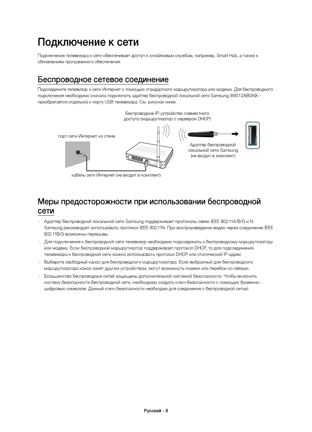 Samsung UE40H4203AKXUZ, UE48H4203AKXUZ Подключение к сети, Беспроводное сетевое соединение, Порт сети Интернет на стене 