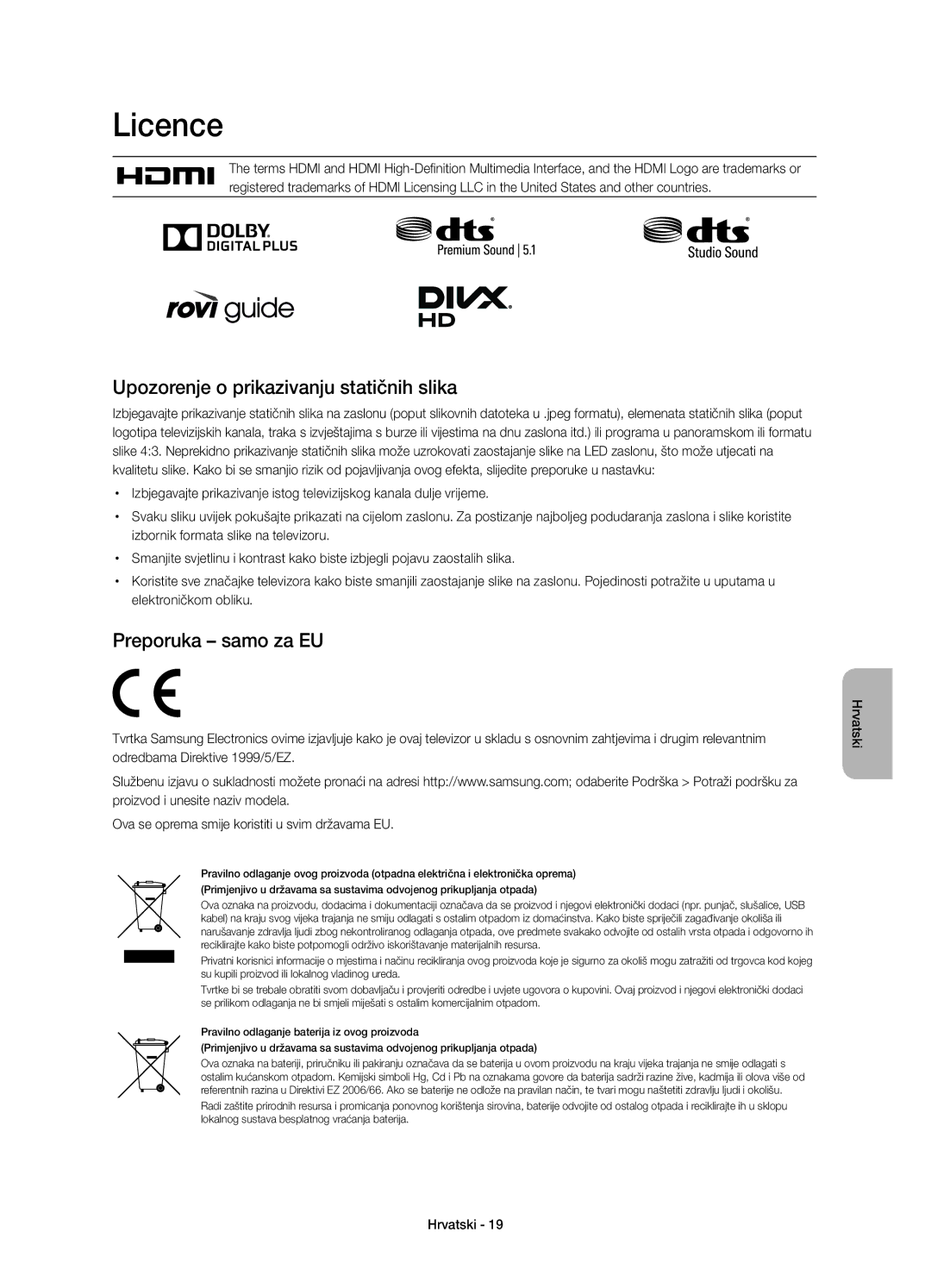 Samsung UE48H4203AWXXH Licence, Upozorenje o prikazivanju statičnih slika, Preporuka samo za EU, Elektroničkom obliku 