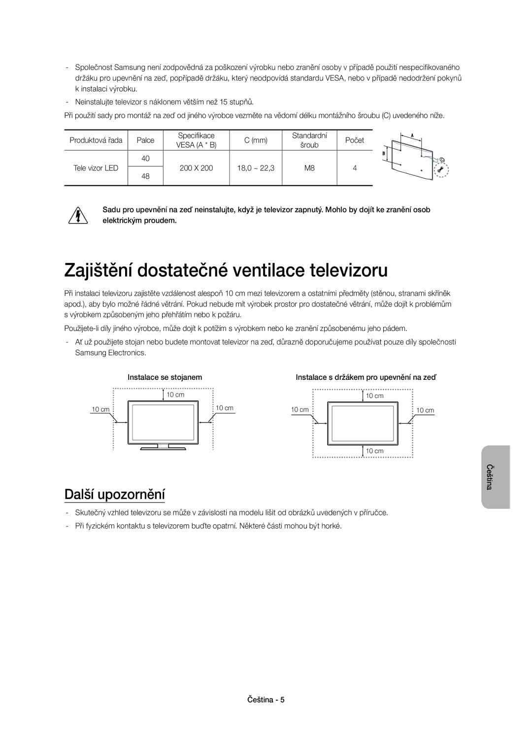 Samsung UE48H4203AWXXH manual Zajištění dostatečné ventilace televizoru, Další upozornění 