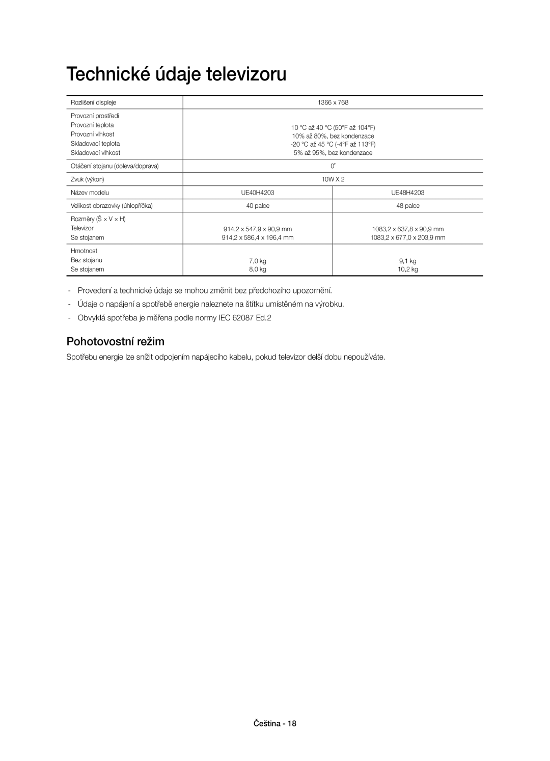 Samsung UE48H4203AWXXH manual Technické údaje televizoru, Pohotovostní režim 