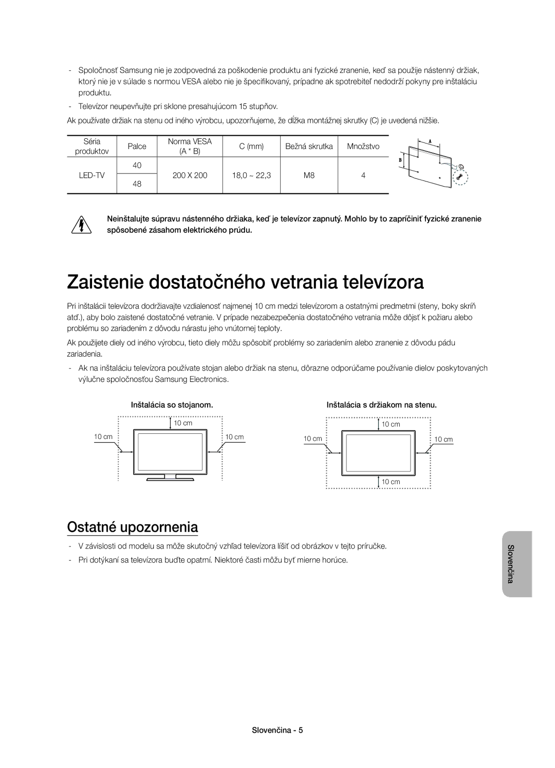 Samsung UE48H4203AWXXH manual Zaistenie dostatočného vetrania televízora, Ostatné upozornenia 