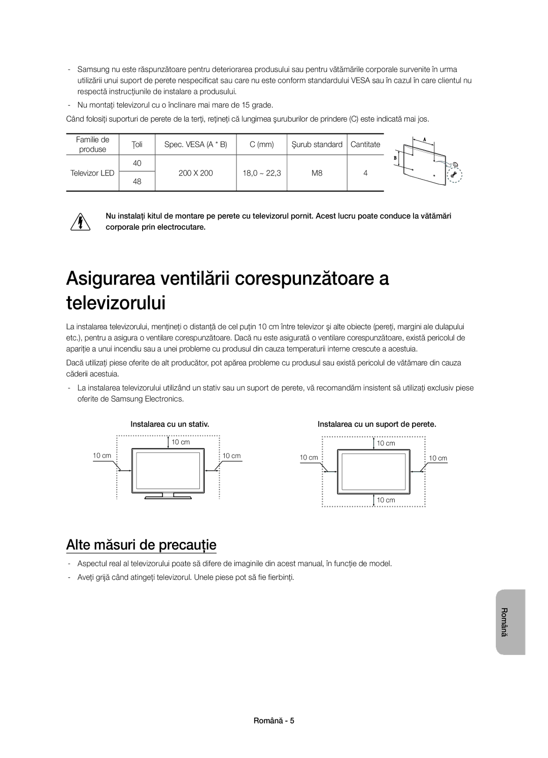 Samsung UE48H4203AWXXH manual Asigurarea ventilării corespunzătoare a televizorului, Alte măsuri de precauţie, Cantitate 