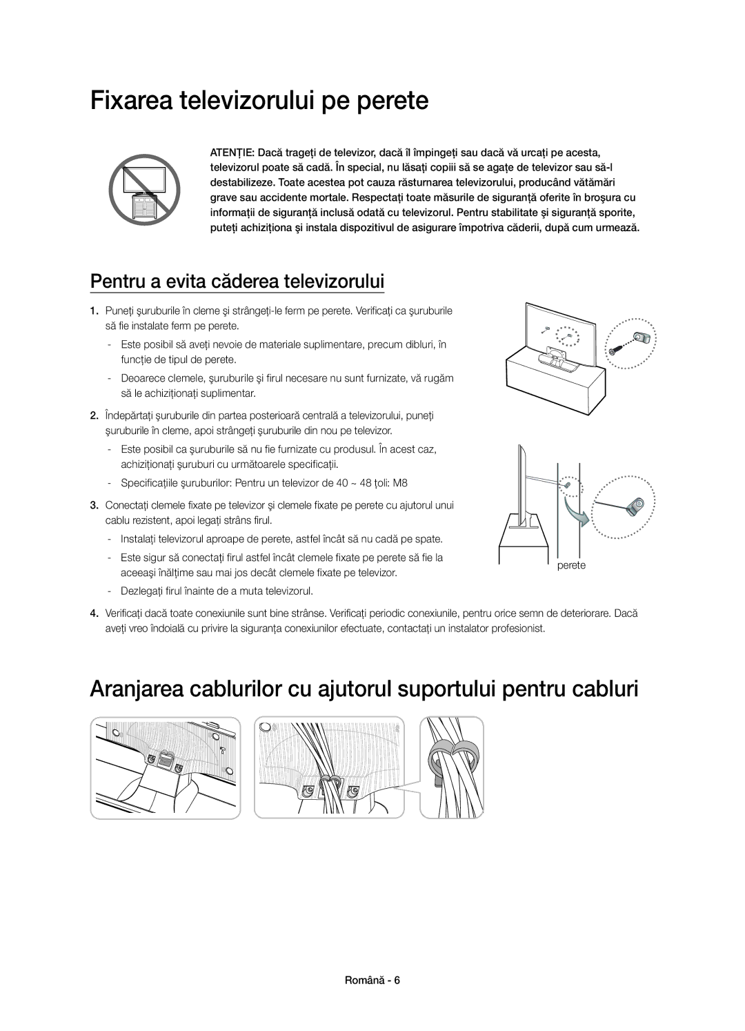 Samsung UE48H4203AWXXH manual Fixarea televizorului pe perete, Pentru a evita căderea televizorului 