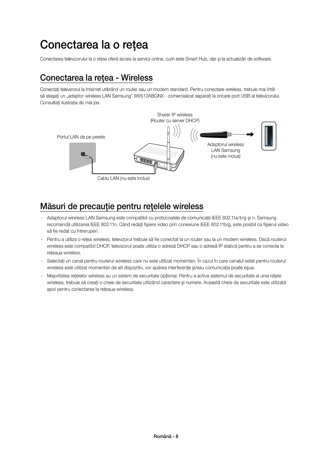 Samsung UE48H4203AWXXH Conectarea la o reţea, Conectarea la reţea Wireless, Măsuri de precauţie pentru reţelele wireless 