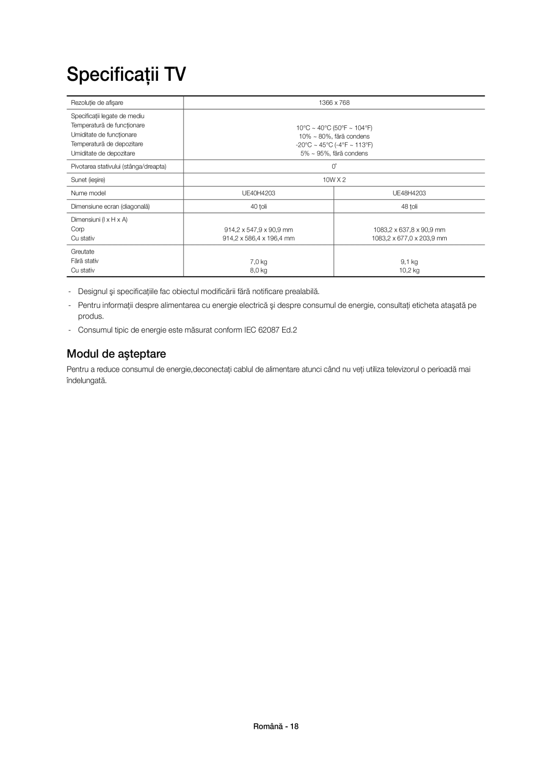 Samsung UE48H4203AWXXH manual Specificaţii TV, Modul de aşteptare 