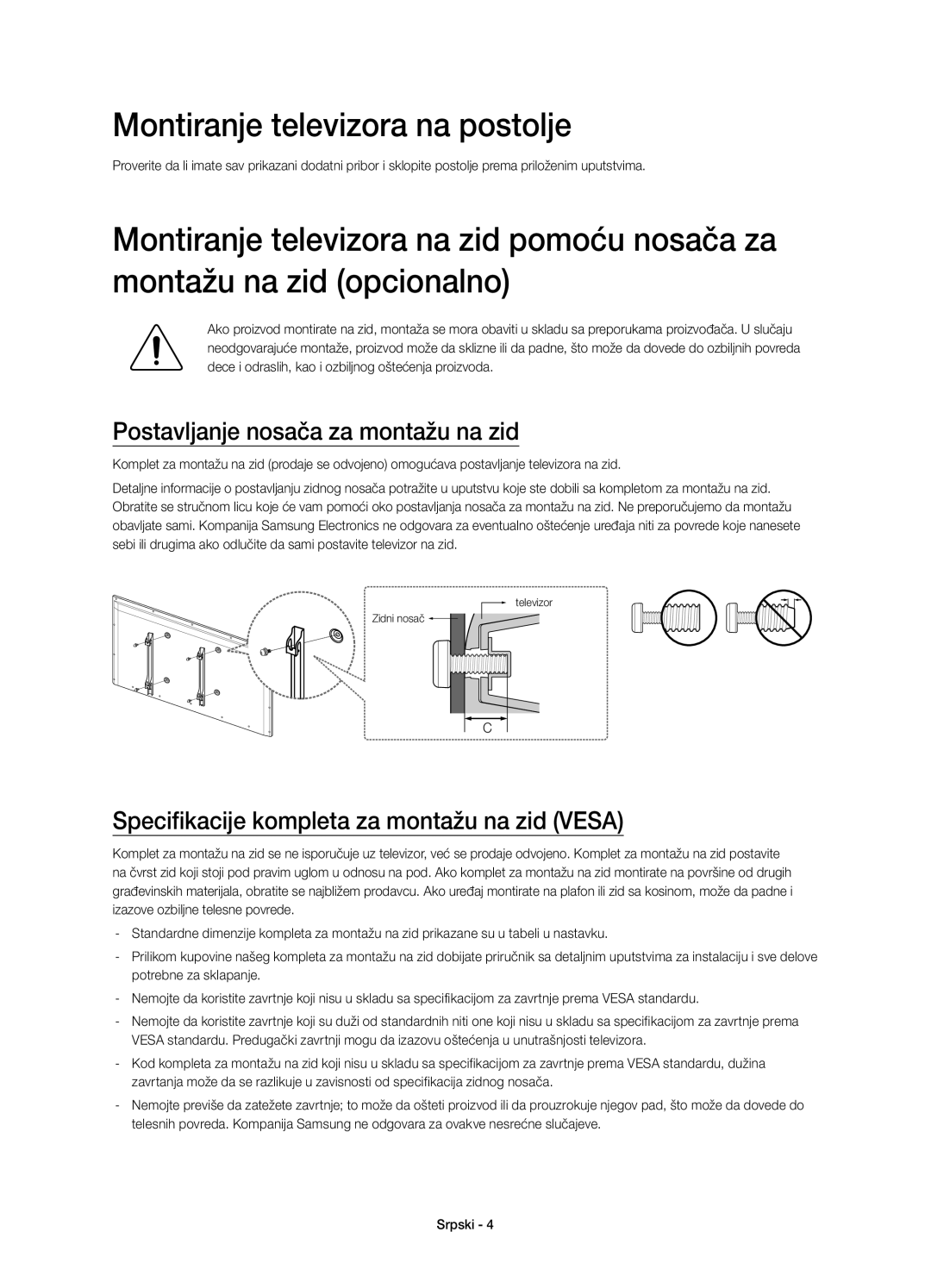 Samsung UE48H4203AWXXH manual Montiranje televizora na postolje, Postavljanje nosača za montažu na zid 