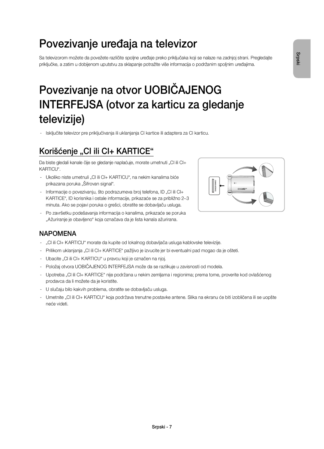 Samsung UE48H4203AWXXH manual Povezivanje uređaja na televizor, Korišćenje „CI ili CI+ Kartice 