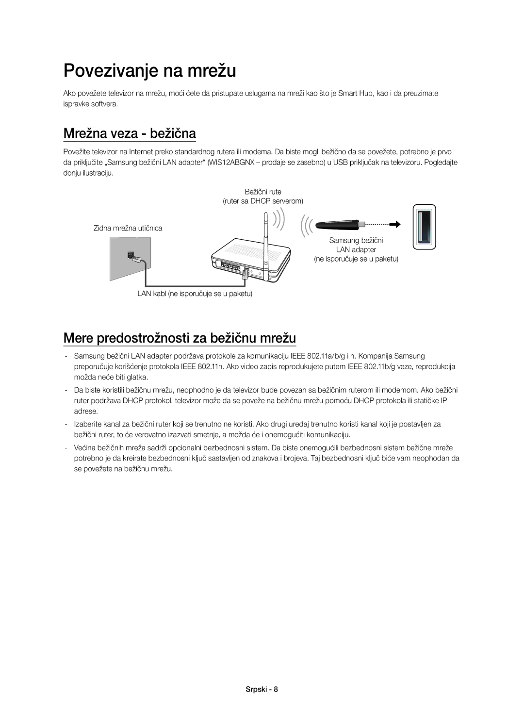 Samsung UE48H4203AWXXH manual Povezivanje na mrežu, Mrežna veza bežična, Mere predostrožnosti za bežičnu mrežu 