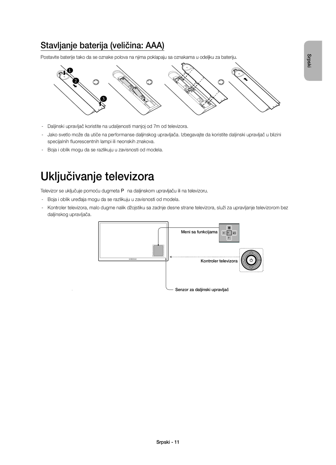 Samsung UE48H4203AWXXH manual Uključivanje televizora, Stavljanje baterija veličina AAA 