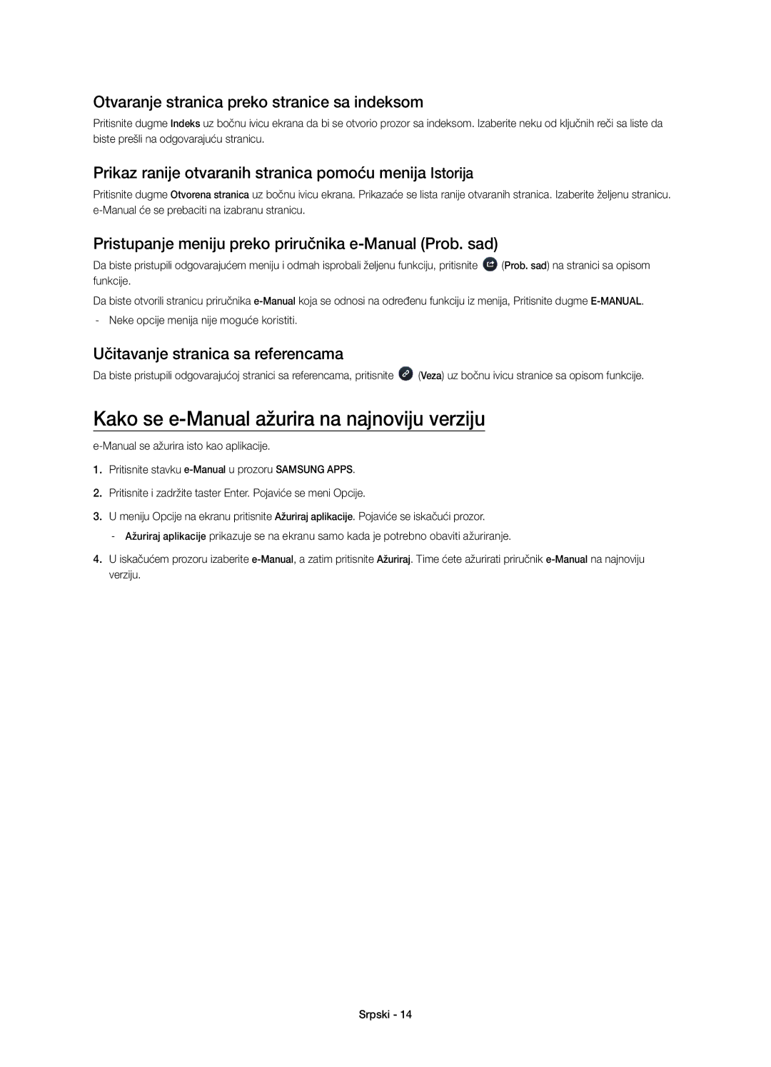 Samsung UE48H4203AWXXH manual Kako se e-Manual ažurira na najnoviju verziju, Otvaranje stranica preko stranice sa indeksom 