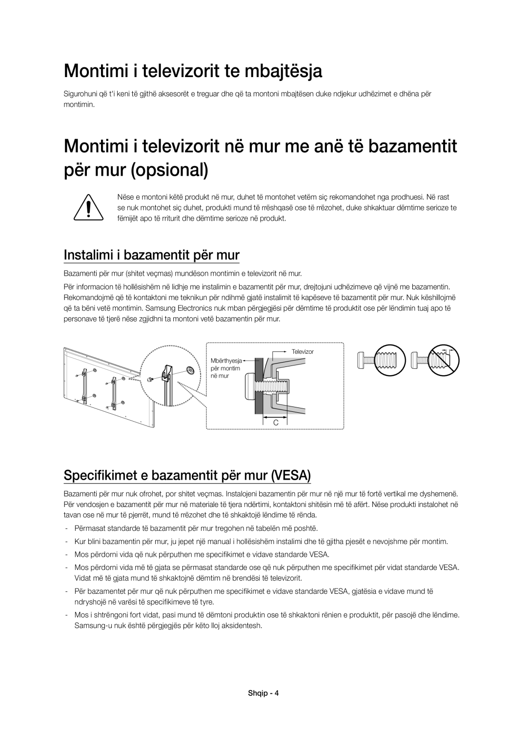 Samsung UE48H4203AWXXH manual Montimi i televizorit te mbajtësja, Instalimi i bazamentit për mur 