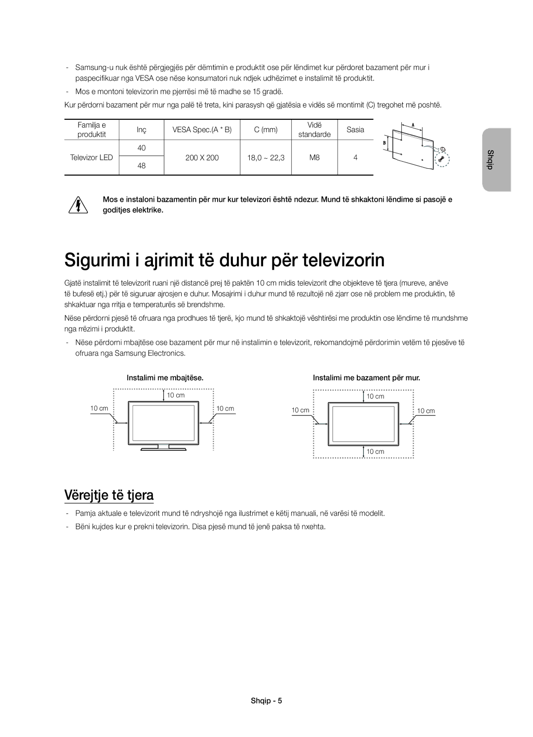 Samsung UE48H4203AWXXH manual Sigurimi i ajrimit të duhur për televizorin, Vërejtje të tjera, Inç 