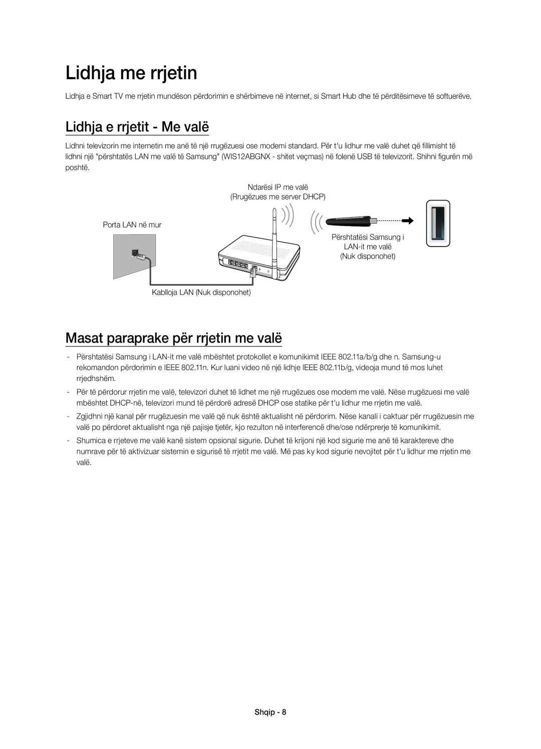 Samsung UE48H4203AWXXH manual Lidhja me rrjetin, Lidhja e rrjetit Me valë, Masat paraprake për rrjetin me valë 