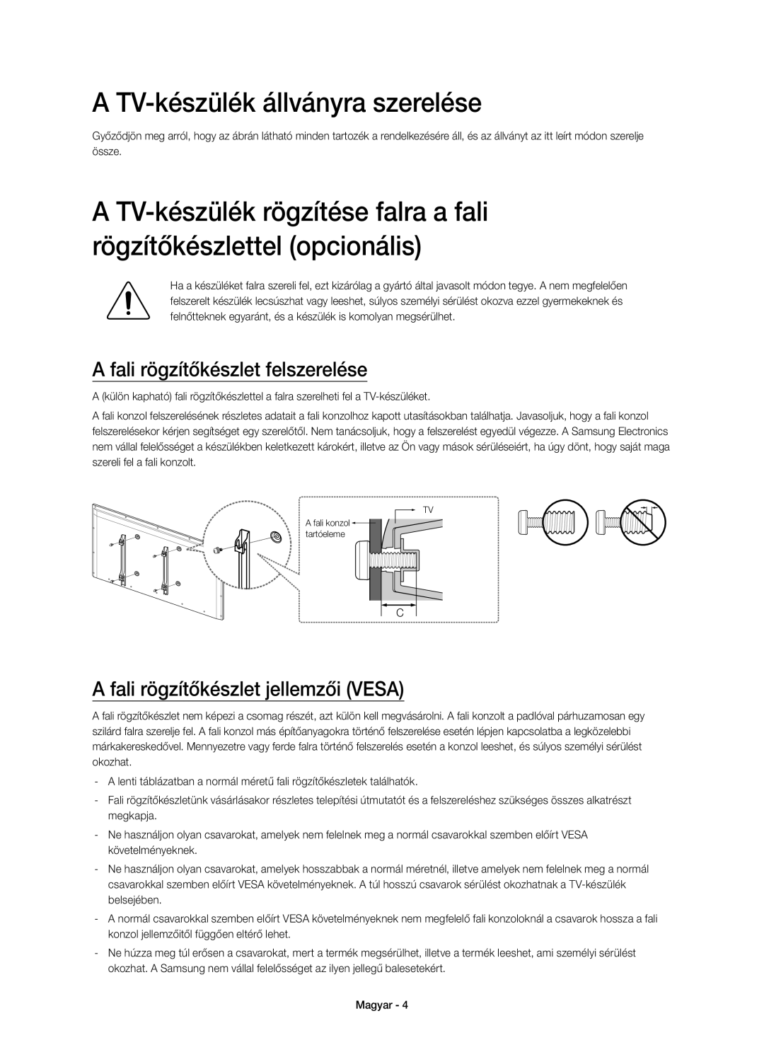 Samsung UE48H4203AWXXH manual TV-készülék állványra szerelése, Fali rögzítőkészlet felszerelése 