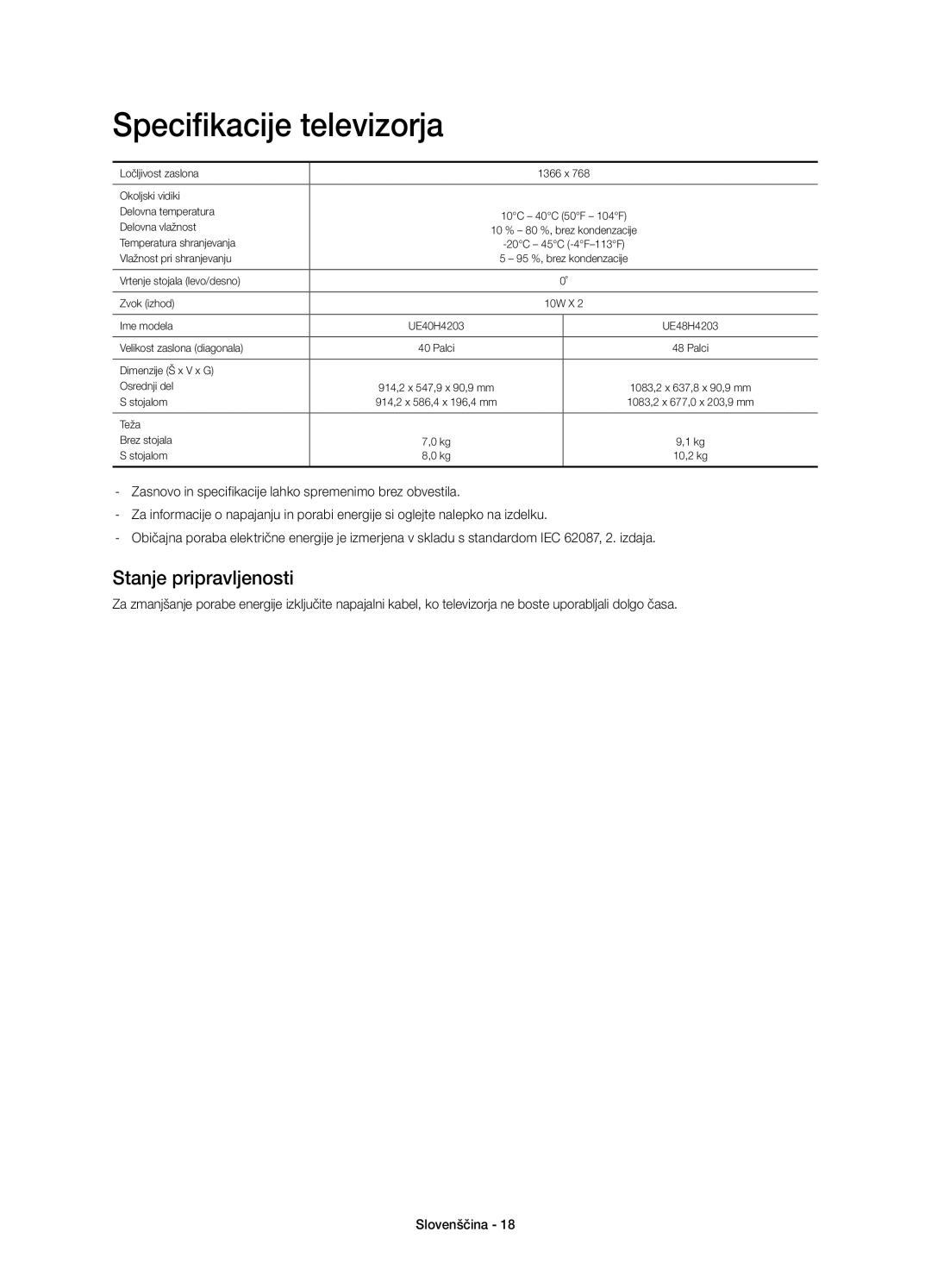 Samsung UE48H4203AWXXH manual Specifikacije televizorja, Stanje pripravljenosti 